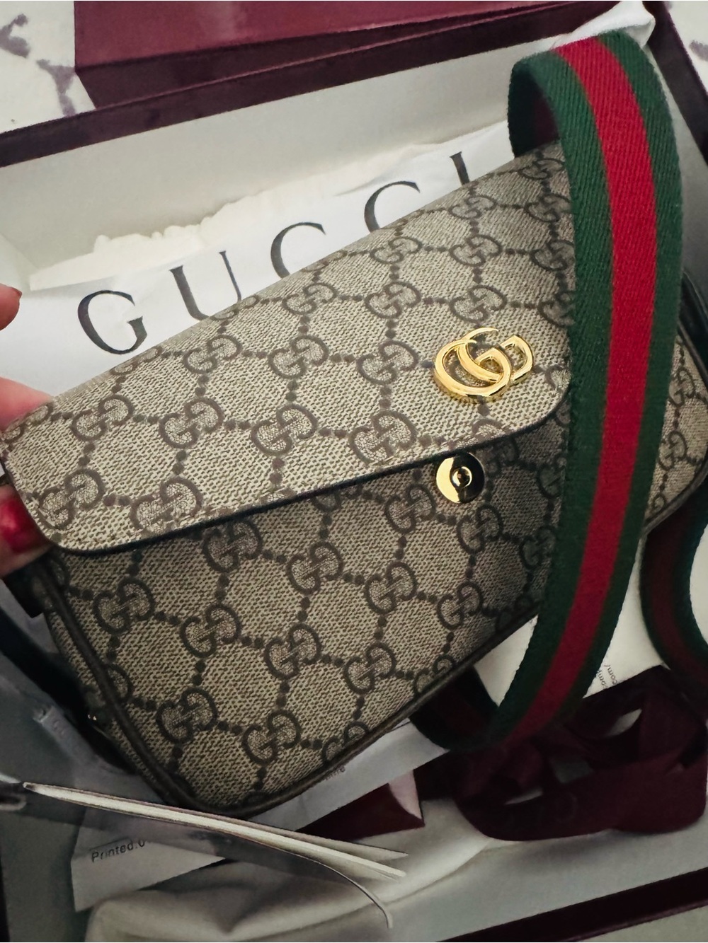Gucci Beige GG Supreme Crossbody with Green-Red Web Strap - Picture 5 of 5